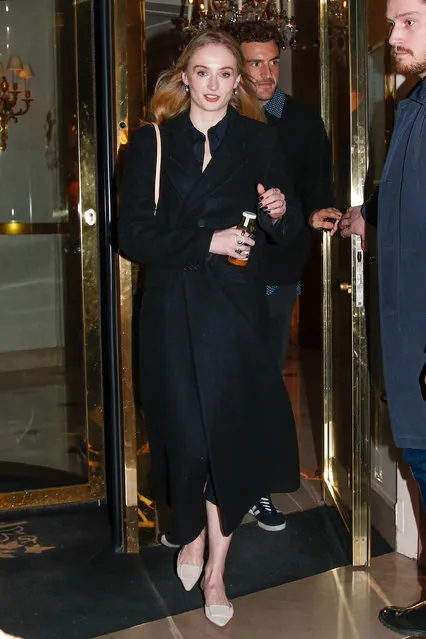 English actress Sophie Turner and Peregrine Pearson leaving their hotel during Paris Fashion Week on March 3, 2024. (Photo by Spread Pictures/The Mega Agency)