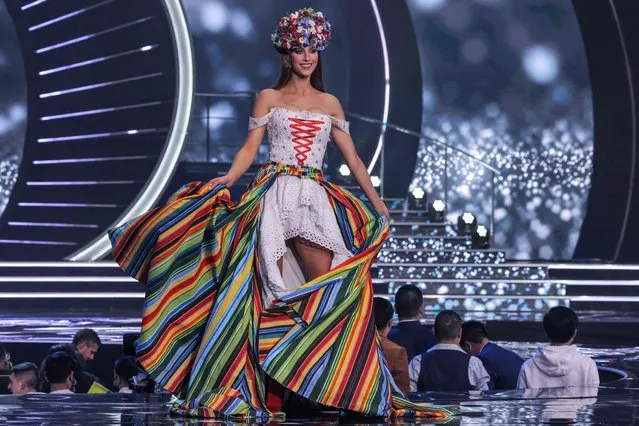Miss Poland, Agata Wdowiak, appears on stage during the national costume presentation of the 70th Miss Universe beauty pageant in Israel's southern Red Sea coastal city of Eilat on December 10, 2021. (Photo by Menahem Kahana/AFP Photo)