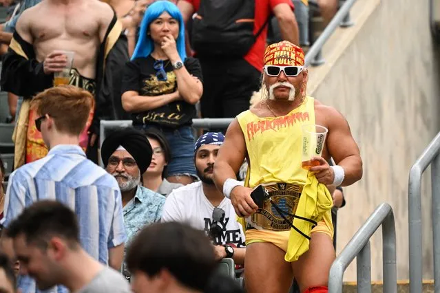 A costumed fan is seen in the stands during a match of the 2024 Rugby Sevens Hong Kong tournament at the Hong Kong stadium on April 5, 2024. (Photo by Peter Parks/AFP Photo)