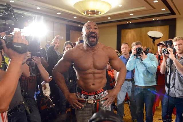 Shannon Briggs of USA, former world heavyweight champion, poses while clashing a press conference ahead of the upcoming heavyweight boxing title fight between Wladimir Klitschko of Ukraine and Alex Leapai of Australia at InterContinental Hotel on April 22, 2014 in Dusseldorf, Germany. (Photo by Lars Baron/Getty Images/Bongarts)