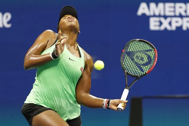 Taylor Townsend, of the United States, reacts after being hit by the ball while playing against Bianca Andreescu, of Canada, during the fourth round of the U.S. Open tennis tournament, Monday, Sept. 2, 2019, in New York. (Photo by Geoff Burke/USA TODAY Sports)