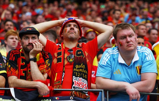 Fans of Belgium react during the UEFA EURO 2024 European Football Championship tournament group E stage match between Belgium and Slovakia at Frankfurt Arena on June 17, 2024. Final score: Slovakia 1 : 0 Belgium. (Photo by Lee Smith/Reuters)