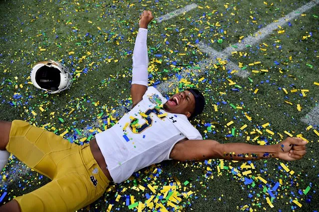 Notre Dame Fighting Irish cornerback Troy Pride Jr. celebrates after defeating the Iowa State Cyclones at Camping World Stadium in Orlando, Florida, December 28, 2019. (Photo by Jasen Vinlove/USA TODAY Sports)
