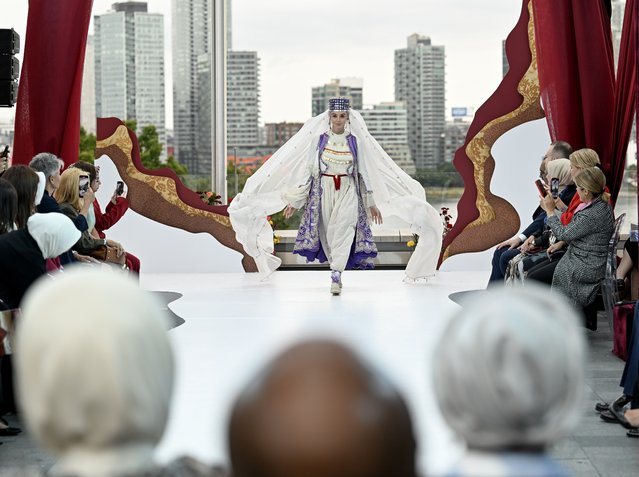 A model presents Ottoman and Anatolian traditional wedding dresses during the fashion show within the scope of program titled “Treasures of the Bride: A Journey through Ottoman and Anatolian Dowries” organized by the Maturation Institutes at the Turkevi in New York, United States on September 23, 2024. (Photo by Fatih Aktas/Anadolu via Getty Images)