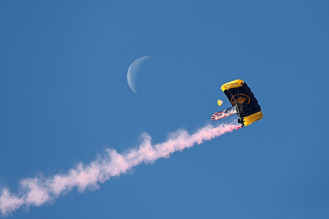 A skydiver performs before the game between the Mississippi Rebels and the Oklahoma Sooners at Vaught-Hemingway Stadium on October 26, 2024 in Oxford, Mississippi. (Photo by Justin Ford/Getty Images)