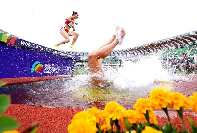 Lea Meyer of Team Germany falls into the water obstacle during the Women’s 3000m Steeplechase heats on day two of the World Athletics Championships Oregon22 at Hayward Field on July 16, 2022 in Eugene, Oregon. (Photo by Martin Rickett/PA Wire Press Association)