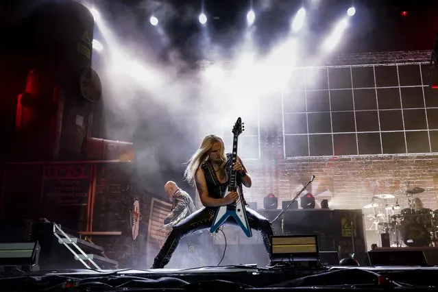 English musician Guitarist Richie Faulkner plays during a performance of the British heavy metal band “Judas Priest” at WOA – Wacken Open Air in Wacken, Germany, Thursday, August 4, 2022. WOA is considered the biggest heavy metal festival in the world. (Photo by Frank Molter/dpa via AP Photo)