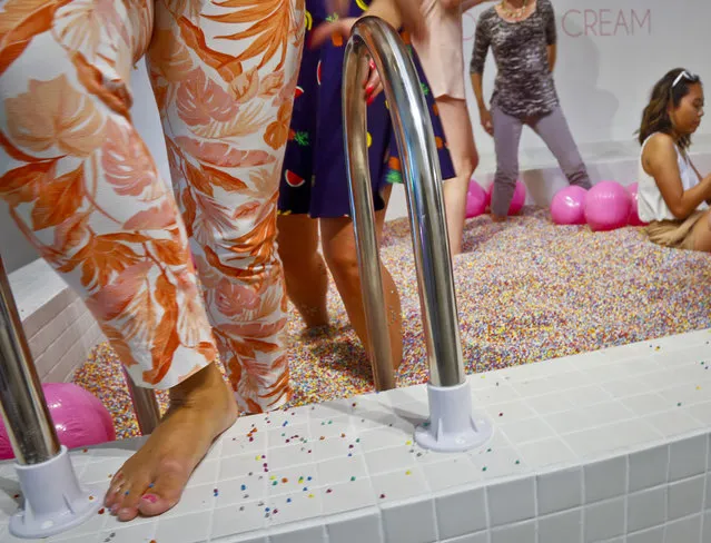 Visitors walk into a large pool filled with faux confetti-colored sprinkles, the biggest attraction of ice cream-themed works of art previewed at the Museum of Ice Cream, Thursday July 28, 2016, in New York. The museum opens on Friday and runs through Aug. 31. (Photo by Bebeto Matthews/AP Photo)