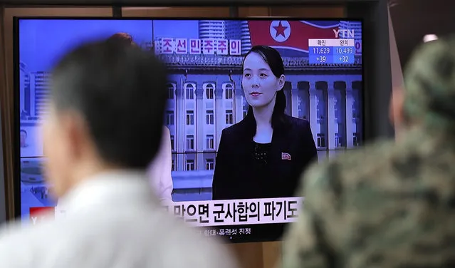 A man watches a TV screen showing a news program with a file image of Kim Yo Jong, the powerful sister of North Korea's leader Kim Jong Un, at the Seoul Railway Station in Seoul, South Korea, Thursday, June 4, 2020. North Korea threatened on Thursday to end an inter-Korean military agreement reached in 2018 to reduce tensions if the South fails to prevent activists from flying anti-Pyongyang leaflets over the border. The part of letters read “Military agreement”. (Photo by Lee Jin-man/AP Photo)