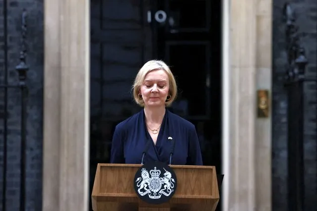 British Prime Minister Liz Truss announces her resignation, outside Number 10 Downing Street, London, Britain on October 20, 2022. (Photo by Henry Nicholls/Reuters)