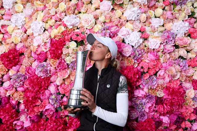 Sophia Popov of Germany kisses the trophy following victory in the final round on Day Four of the 2020 AIG Women's Open at Royal Troon on August 23, 2020 in Troon, Scotland. (Photo by Richard Heathcote/R&A/R&A via Getty Images)