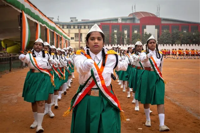 School girls participate in a full dress rehearsal parade to celebrate India's Republic Day on January 24, 2023 in Bengaluru, India. India celebrates its Republic Day on January 26. (Photo by Abhishek Chinnappa/Getty Images)