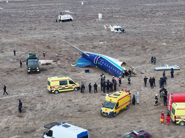 A drone view shows the crash site of an Azerbaijan Airlines passenger plane near the city of Aktau, Kazakhstan on December 25, 2024. (Photo by Azamat Sarsenbayev/Reuters)