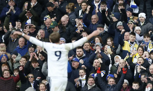 Patrick Bamford of Leeds United celebrates after scoring the team's first goal during the Premier League match between Leeds United and Brighton & Hove Albion at Elland Road on March 11, 2023 in Leeds, England. (Photo by Craig Brough/Action Images via Reuters)