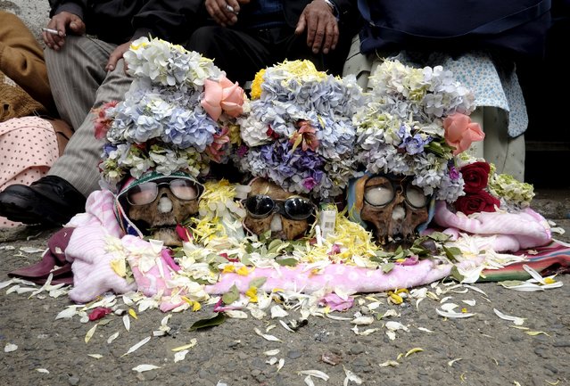 Skulls placed on the floor are seen during a ceremony held for the "Dia de las natitas" (Day of the Skull) celebrations at the General Cemetery of La Paz, November 8, 2015. (Photo by David Mercado/Reuters)