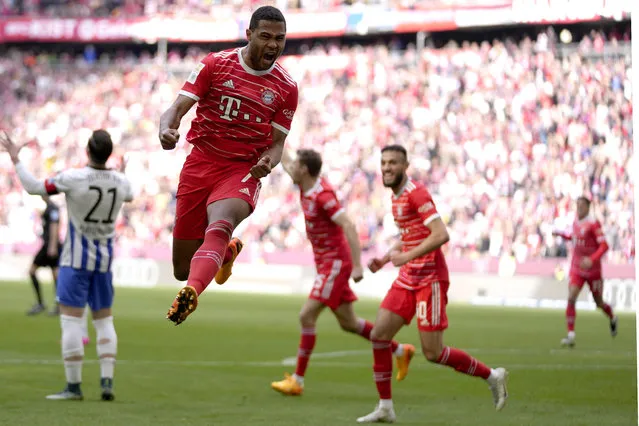Bayern's Serge Gnabry celebrates after scoring his side's opening goal during the German Bundesliga soccer match between FC Bayern Munich and Hertha BSC Berlin at the Allianz Arena stadium in Munich, Germany, April 30, 2023. (Photo by Matthias Schrader/AP Photo)