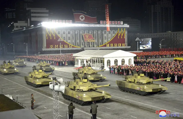 In this photo provided by the North Korean government, a tank unit parades during a military parade marking the ruling party congress, at Kim Il Sung Square in Pyongyang, North Korea Thursday, January 14, 2021. (Photo by Korean Central News Agency/Korea News Service via AP Photo)