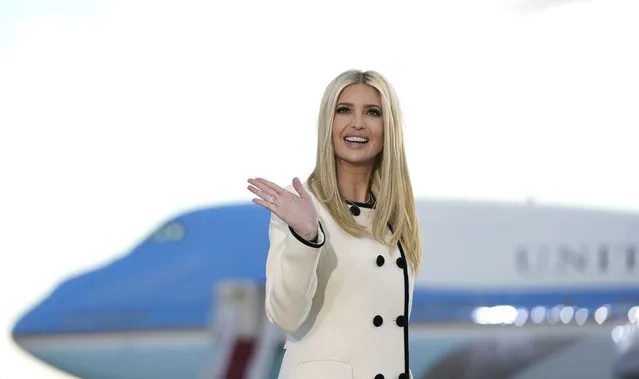 Ivanka Trump waves as she arrives at Joint Base Andrews in Maryland for US President Donald Trump's departure on January 20, 2021. President Trump travels to his Mar-a-Lago golf club residence in Palm Beach, Florida, and will not attend the inauguration for President-elect Joe Biden. (Photo by Alex Edelman/AFP Photo)