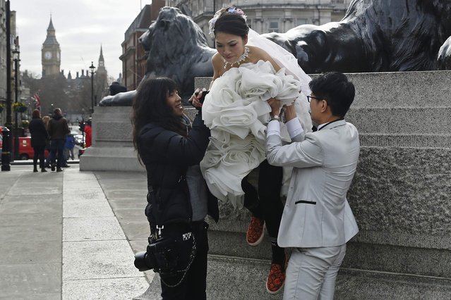 A bride is helped off a plinth by her groom and photographer in Trafalgar Square in London January 25, 2015. (Photo by Luke MacGregor/Reuters)