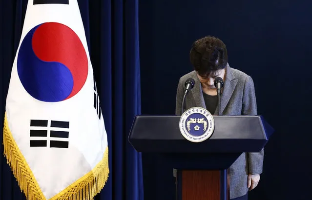South Korean President Park Geun-hye bows during her address to the nation at the presidential Blue House in Seoul, Tuesday, November 29, 2016. The embattled South Korean president says she'll resign if parliament comes up with a plan for the safe transfer of power. (Photo by Pool Photo via AP Photo)