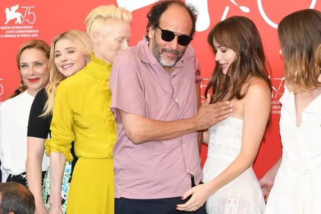 Dakota Johnson, Tilda Swinton and Luca Guadagnino are seen during the 75th Venice Film Festival on September 1, 2018 in Venice, Italy. (Photo by Splash News and Pictures)