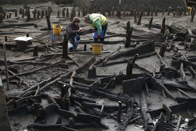 Archaeologists from the University of Cambridge Archaeological Unit, uncover Bronze Age wooden houses, preserved in silt, from a quarry near Peterborough, Britain, January 12, 2016. (Photo by Peter Nicholls/Reuters)