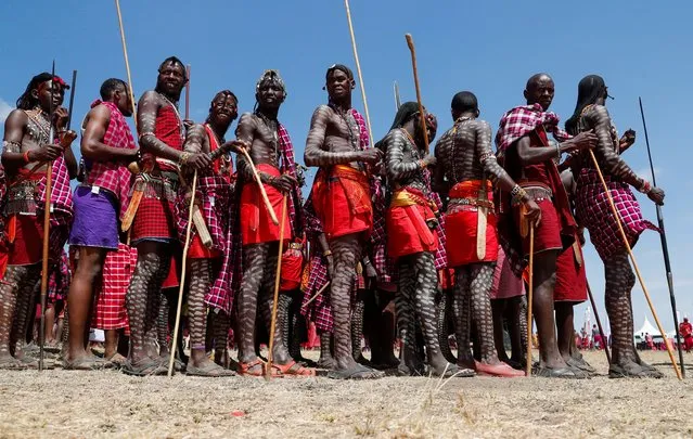 Members of the indigenous Maasai community parade at the inaugural Maa Cultural Week dubbed The Maa-Festival aimed to promote peace, tourism, and cultural exchange as the wildebeests (Connochaetes taurinus) make their annual cross border migration at the Sekenani village, in the Maasai Mara National Reserve, in Narok County, Kenya on August 22, 2023. (Photo by Thomas Mukoya/Reuters)