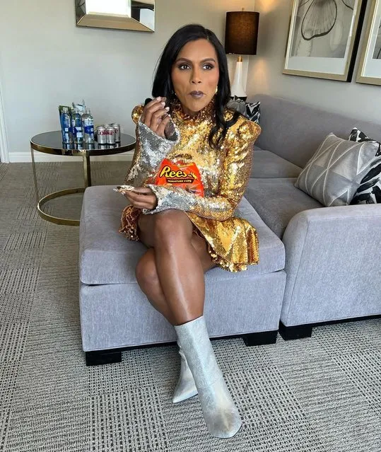 American actress Mindy Kaling in the last decade of August 2023 indulges in some Reese's Peanut Butter Cups. (Photo by mindykaling/Instagram)