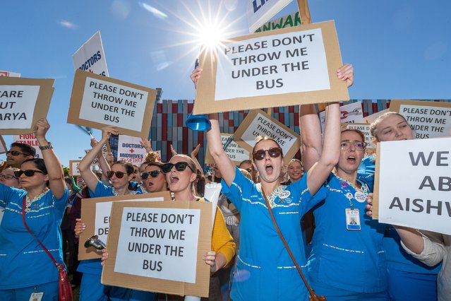 Medical staff rally outside Perth Children's Hospital in Perth, Tuesday, May 25, 2021. Doctors and nurses have rallied at Perth Children's Hospital to protest against the State Government's handling of the death of Aishwarya Aswath. (Photo by Richard Wainwright/AAP Image)