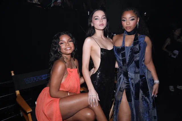 (L-R) American singers and actresses Halle Bailey, Dove Cameron, and American singer-songwriter Chloe Bailey attend the 2023 MTV Video Music Awards at Prudential Center on September 12, 2023 in Newark, New Jersey. (Photo by Catherine Powell/Getty Images for MTV)