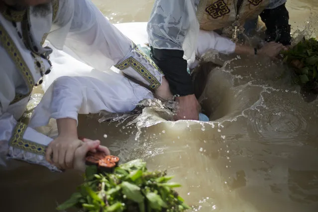 Christian Orthodox priests re-enact the baptism of Jesus, during the traditional Epiphany baptism ceremony at the Qasr-el Yahud baptism site in the Jordan river near the West Bank town of Jericho Wednesday, January 18, 2017. The site is traditionally believed by many to be the place where Jesus was baptized. (Photo by Ariel Schalit/AP Photo)