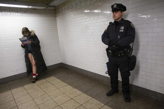 A woman reads during the annual No Pants Subway Ride in New York January 12, 2014. (Photo by Eric Thayer/Reuters)