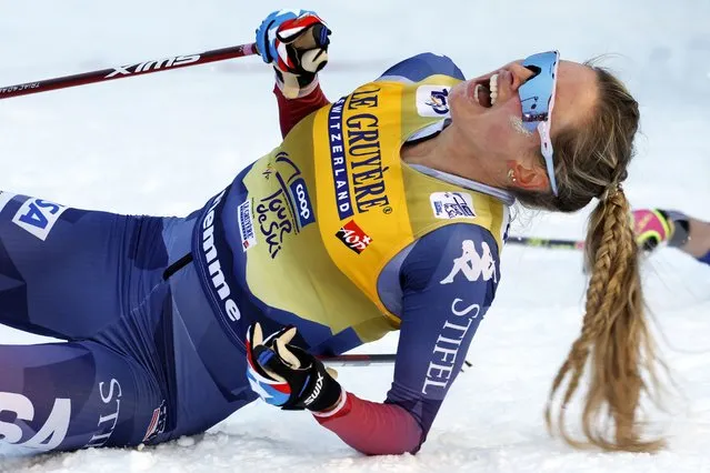 United States's Jessie Diggins celebrates winning the cross-country ski, women's Tour de Ski overall standings, in Val di Fiemme, Italy, Sunday, January 7, 2024. (Photo by Alessandro Trovati/AP Photo)