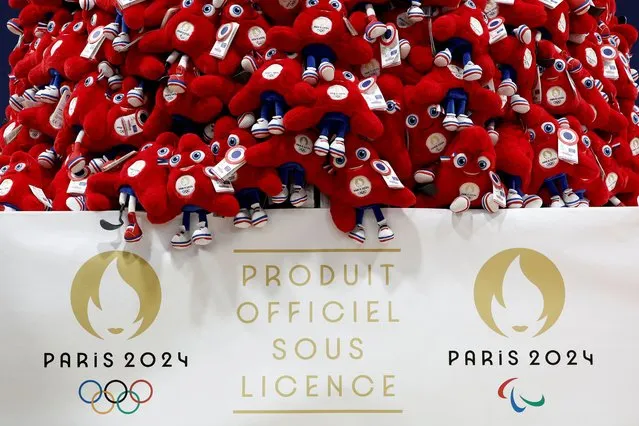Official toy mascots, called the Phryges, of Paris 2024 Olympic and Paralympic Games, manufactured by Doudou et Compagnie are displayed in Villepinte, near Paris, France, on January 21, 2024. (Photo by Benoit Tessier/Reuters)