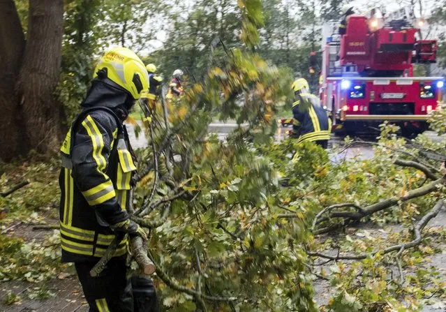 A firefighter removes fallen trees from a road in Hamburg, Germany, Thursday, October 21, 2021. Northern Germany was hit by storm and heavy rain falls. (Photo by Daniel Bockwoldt/dpa via AP Photo)