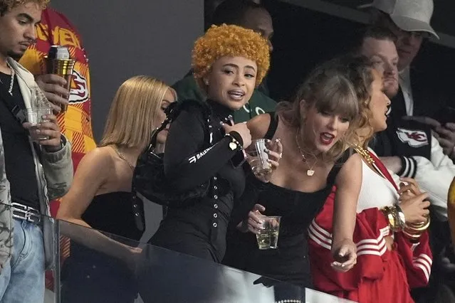 American rapper Ice Spice, left, and Taylor Swift talk before the NFL Super Bowl 58 football game between the San Francisco 49ers and the Kansas City Chiefs, Sunday, February 11, 2024, in Las Vegas. (Photo by George Walker IV/AP Photo)