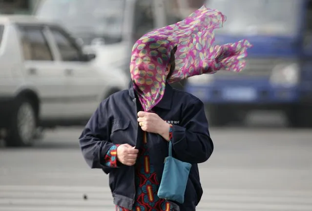 A woman covers her face with a scarf as she crosses a street amid strong wind in Shenyang, Liaoning province April 14, 2014. A blue alert for gale was issued in Shenyang on Monday, Xinhua News Agency reported. (Photo by Reuters/Stringer)