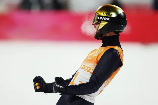 Markus Eisenbichler of Team Germany celebrates during the Men's Ski jumping Final Round on Day 10 of Beijing 2022 Winter Olympics at National Ski Jumping Centre on February 14, 2022 in Zhangjiakou, China. (Photo by Lars Baron/Getty Images)
