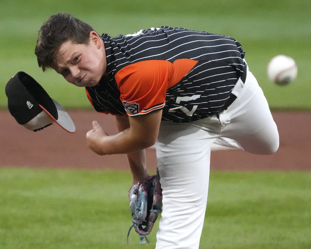 Staten Island, N.Y.'s Stephen Grippo delivers during the first inning of a baseball game against Lake Mary, Fla. at the Little League World Series in South Williamsport, Pa., Tuesday, August 20, 2024. (Phoot by Gene J. Puskar/AP Photo)