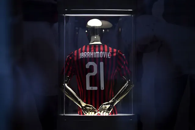 The jersey of Milan's forward from Sweden is displayed on January 3, 2020 at the club's headquarters Casa Milan in Milan on January 3, 2019. Zlatan Ibrahimovic returns to the side on a six-month deal, promising to help rescue the struggling Serie A outfit's season. (Photo by Marco Bertorello/AFP Photo)