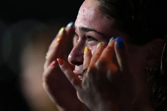 Benedetta Pilato of Italy reacts after winning the Women 100m Breaststroke final at the 19th FINA World Championships in Budapest, Hungary, Monday, June 20, 2022. (Photo by Petr David Josek/AP Photo)