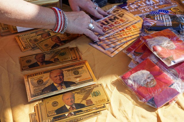 Merchandise for sale is pictured ahead of a campaign stop, for Republican presidential nominee and former President Donald Trump, called Believers and Ballots Faith Town Hall at Christ Chapel in Zebulon, Georgia on October 23, 2024. (Photo by Megan Varner/Reuters)