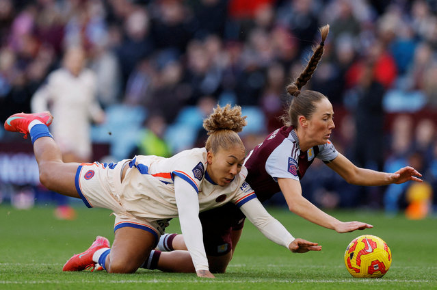 Chelsea's Lauren James fouls Aston Villa's Lucy Parker during the Women's Super League football match between Aston Villa and Chelsea in Villa Park, Birmingham, Britain on February 2, 2025. (Photo by Andrew Couldridge/Action Images via Reuters)