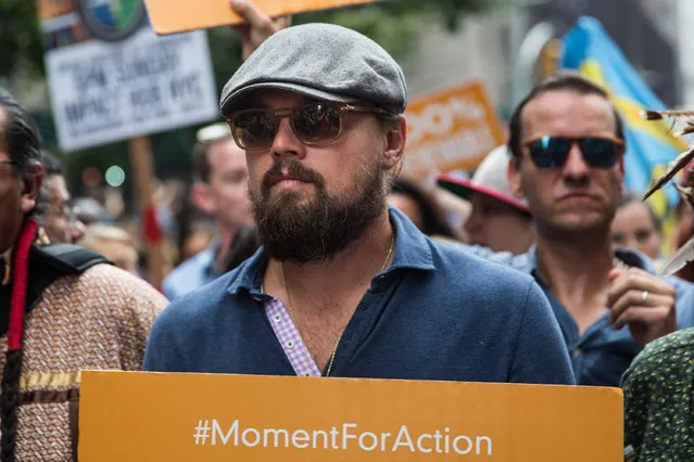 Actor Leonardo DiCaprio participates in the People's Climate March on September 21, 2014 in New York City. (Photo by Andrew Burton/Getty Images)