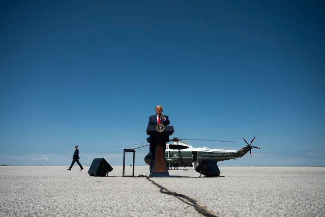 US President Donald Trump speaks on economic prosperity, at Burke Lakefront Airport in Cleveland, Ohio, on August 6, 2020. (Photo by Jim Watson/AFP Photo)