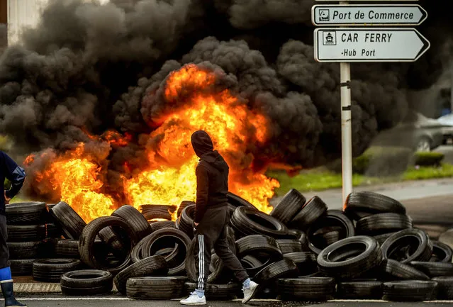 A fishermen from the French city of Boulogne walks past burning tyres blocking the access to the port of Boulogne- sur- Mer on January 25, 2018, during a protest against “pulse fishing” practiced by Dutch fishermen. French fishermen blocked the port of Calais, preventing cross- Channel ferries arriving or departing, and a road leading to the port of Boulogne- sur- Mer, about 30 kilometres (20 miles) southwest of Calais, to demand a ban on electric pulse fishing in the North Sea. Pulse fishing involves dragging electrically- charged lines just above the seafloor that shock marine life up from low- lying positions into trawling nets. (Photo by Philippe Huguen/AFP Photo)