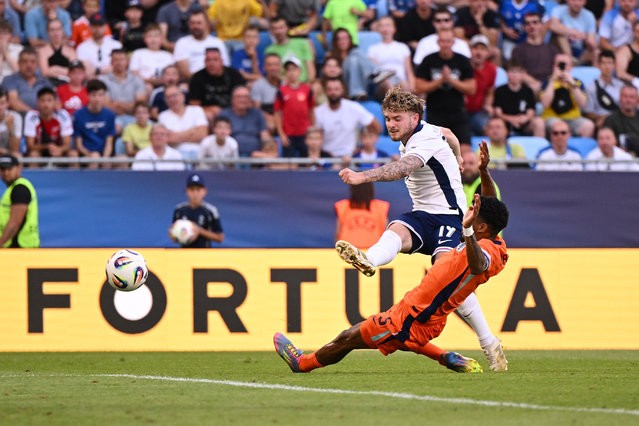 Harvey Elliott of England scores his team's first goal during the UEFA European Under-21 Championship 2025 Semi-Final match between England and Netherlands at National Football stadium on June 25, 2025 in Bratislava, Slovakia. (Photo by Tullio Puglia – UEFA/UEFA via Getty Images)