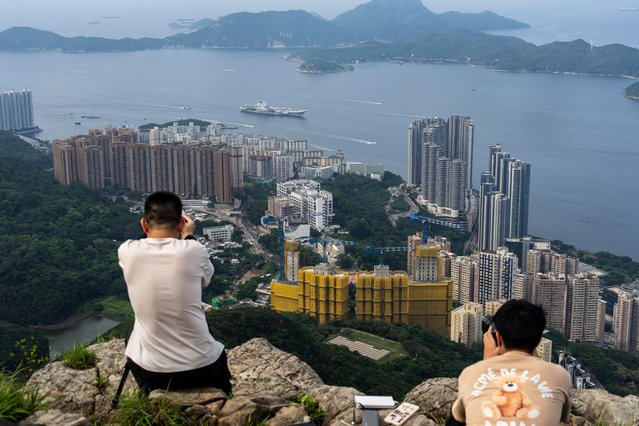 China's first domestically built aircraft carrier Shandong sails into Hong Kong for port call Thursday, July 3, 2025. (Photo by Chan Long Hei/AP Photo)