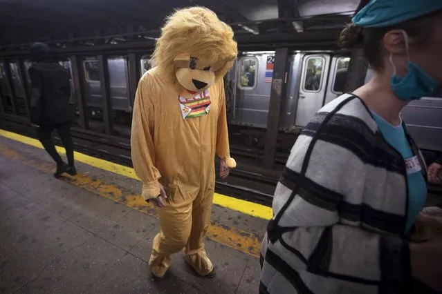 A person dressed as Cecil the Lion walks though the 14th Street subway station in the Manhattan borough of New York, October 31, 2015. (Photo by Carlo Allegri/Reuters)