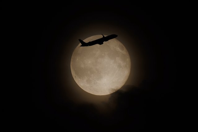 A plane flies in front of the harvest moon on October 7, 2025 in London, England. The full harvest moon, is the first of three supermoons before the end of 2025. (Photo by Dan Kitwood/Getty Images)